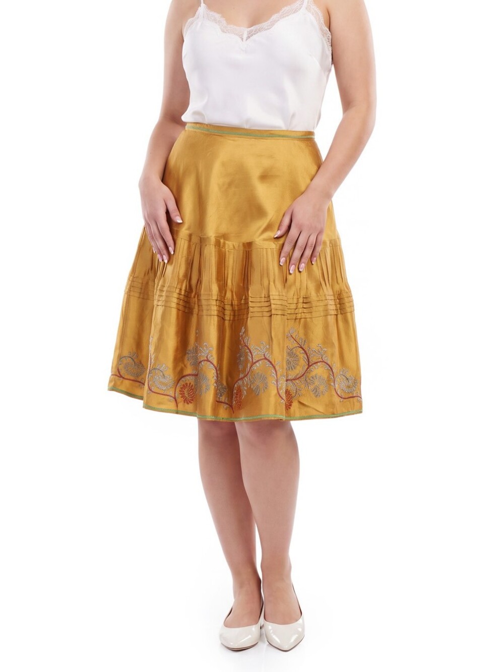 Massimo Dutti Golden Mustard A-Line Silk Skirt with Embroidered Border / Size M